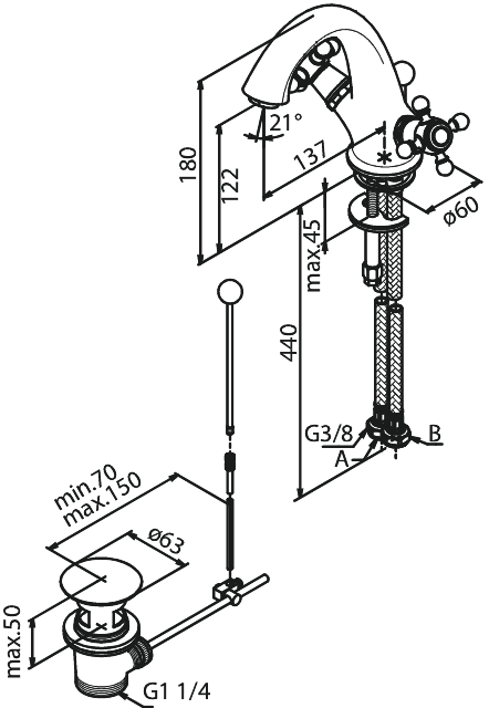 Tvättställsblandare Damixa Tradition krom inkl. lyftventil