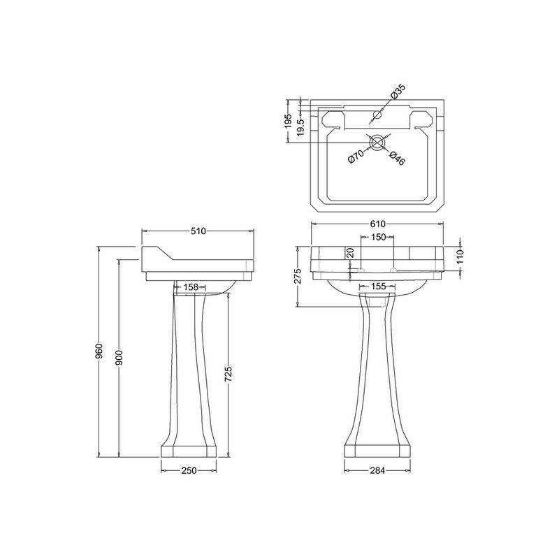Burlington tvättställ Edwardian 61 cm på piedestal