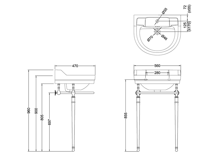Burlington tvättställ Edwardian rundat 56 cm kromställning