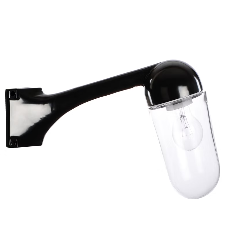 Funkis Hörn 80 Svart är en vägglampa för hörnmontage, tillverkad i aluminium och utrustad med stallglas