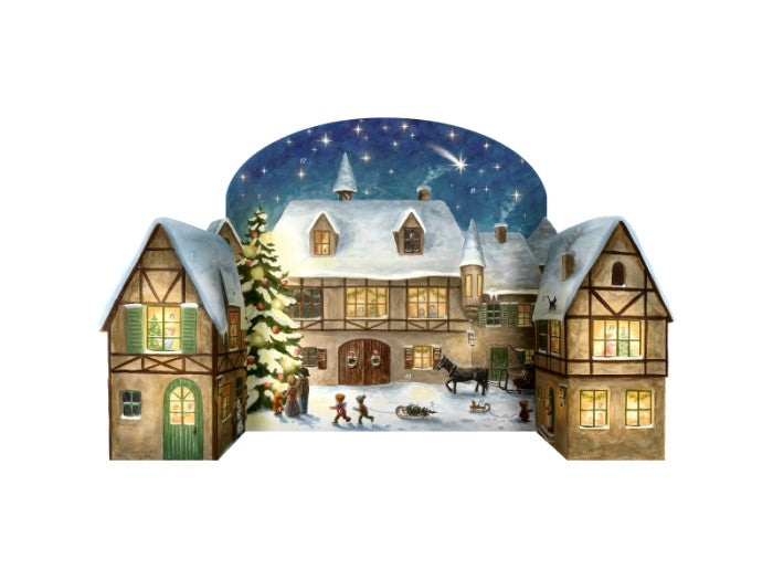 3D-adventskalender med snötäckt stad – nytryck från 1955