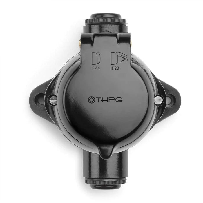 Eluttag utomhus svart bakelit kapslat IP44 genomgående