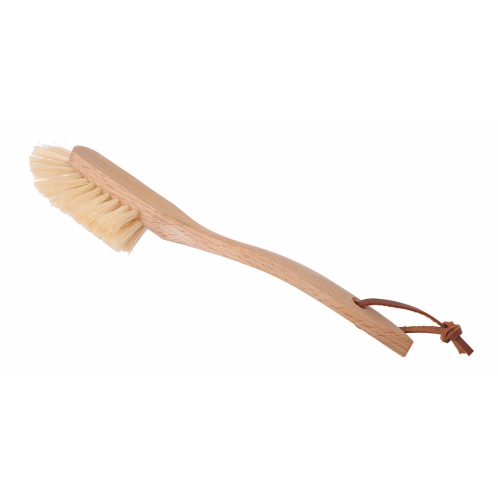Diskborste i trä med mjuk naturborst och läderband för upphängning i kök