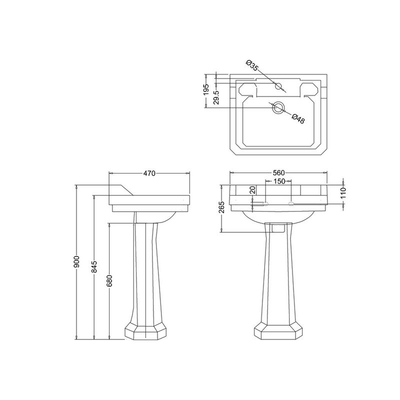 Burlington tvättställ Edwardian rektangulärt 56 cm