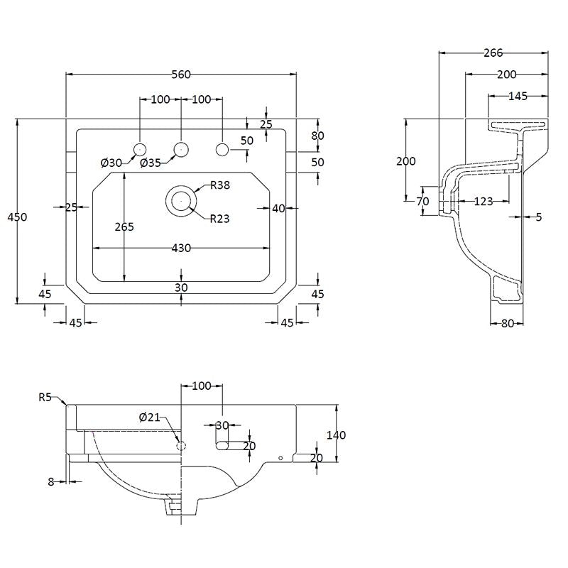 Tvättställ Fitzroy 56 Cm Med Piedestal - Tre Blandarhål